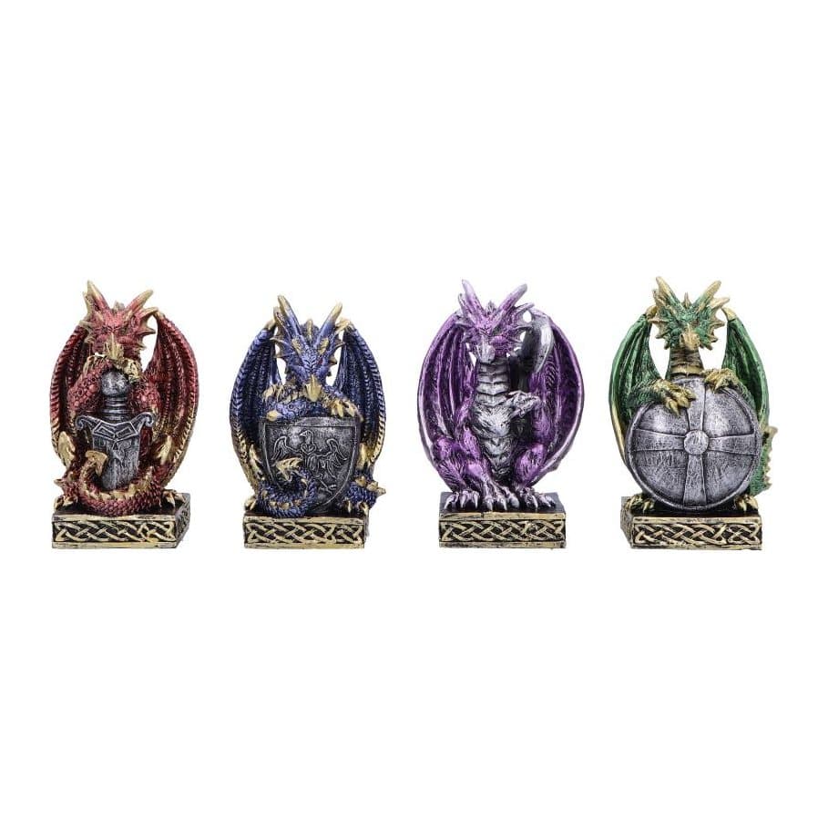 Four dragons in red, blue, purple and green on gold and black plinths