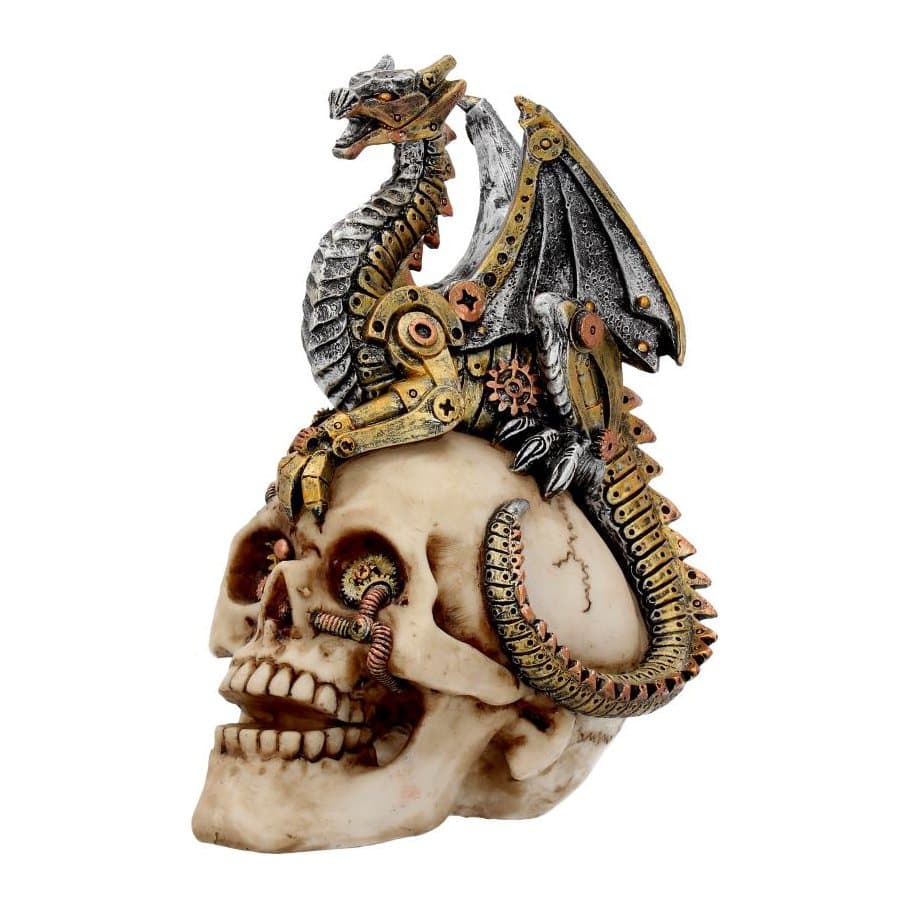 Steampunk skull with clockwork eyes held in a mechanical dragon's grasp