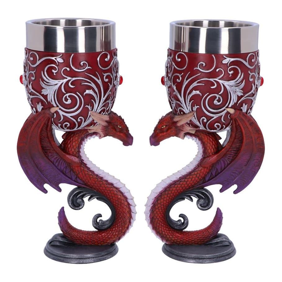 Pair of red dragon goblets with silver baroque detailing that form a heart