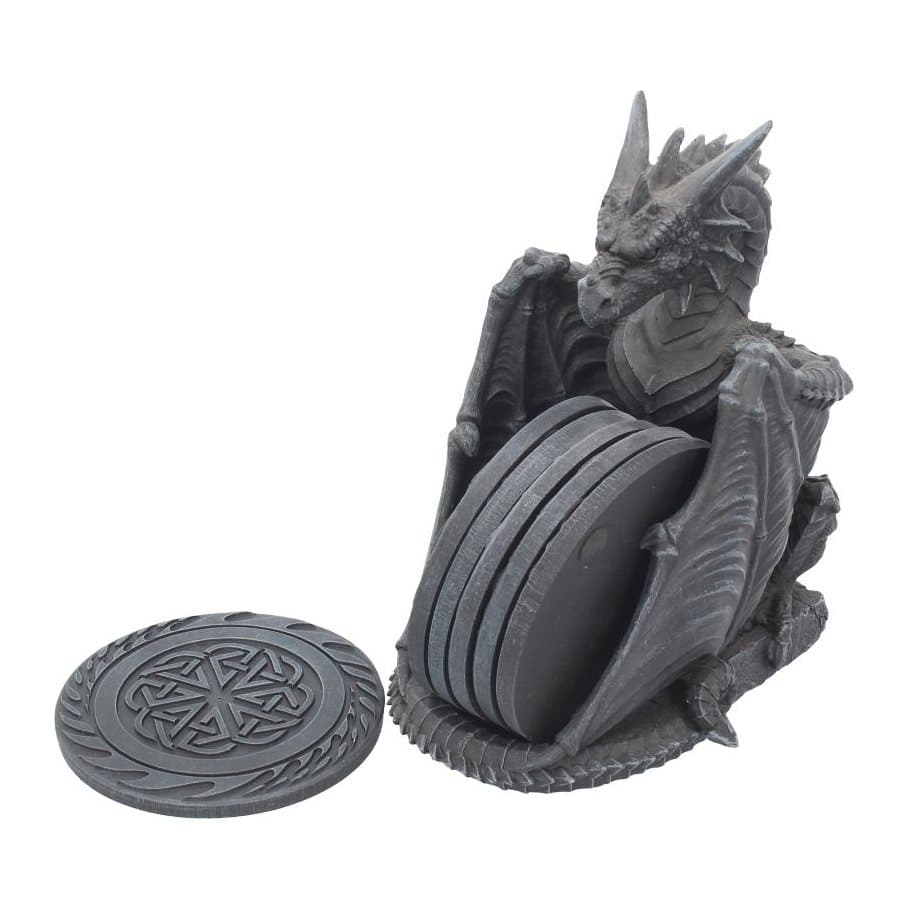 Black dragon figure with wings forward holding a set of coasters