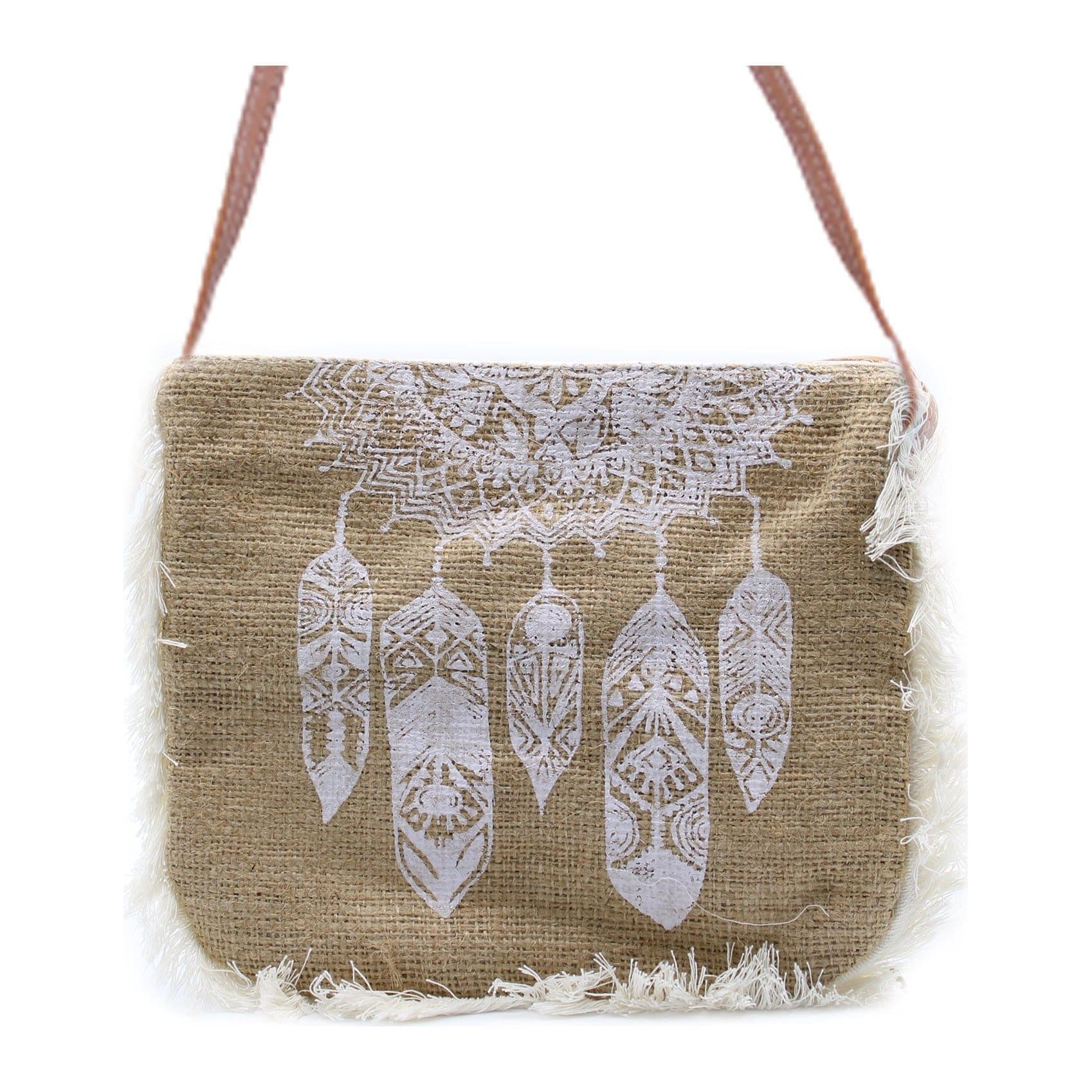 Washed jute fringe bag with dream catcher print, strap and fringe