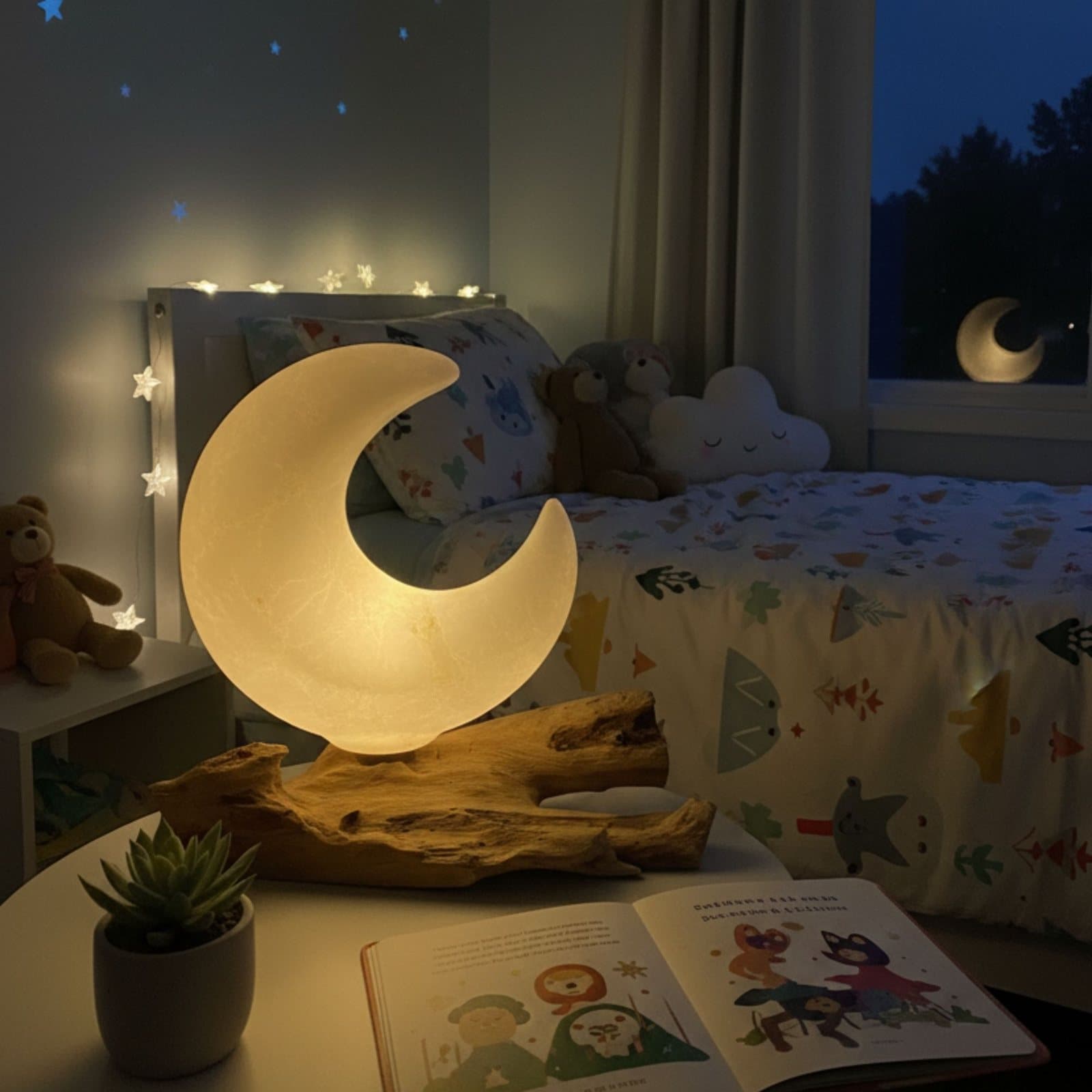 Driftwood lamp with a grey crackle half-moon shade