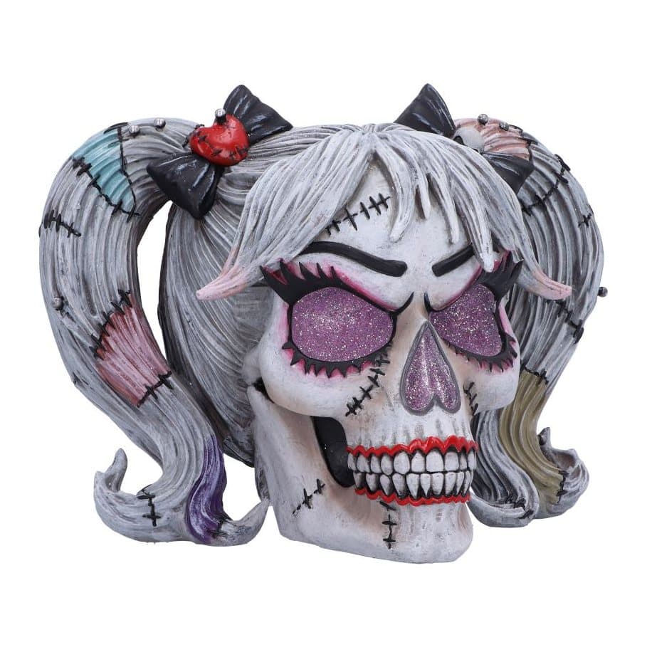 Hand-painted franken-doll skull with stitches and grey pigtails