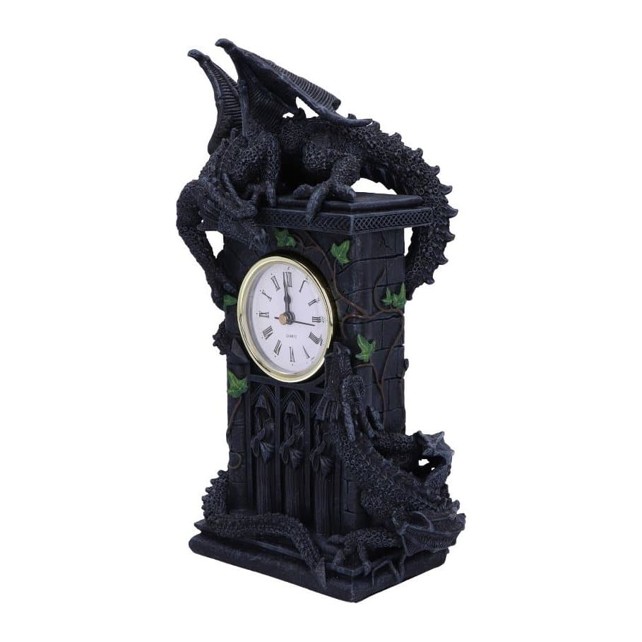 Resin mantel clock with two dragons clinging to a Gothic stone structure