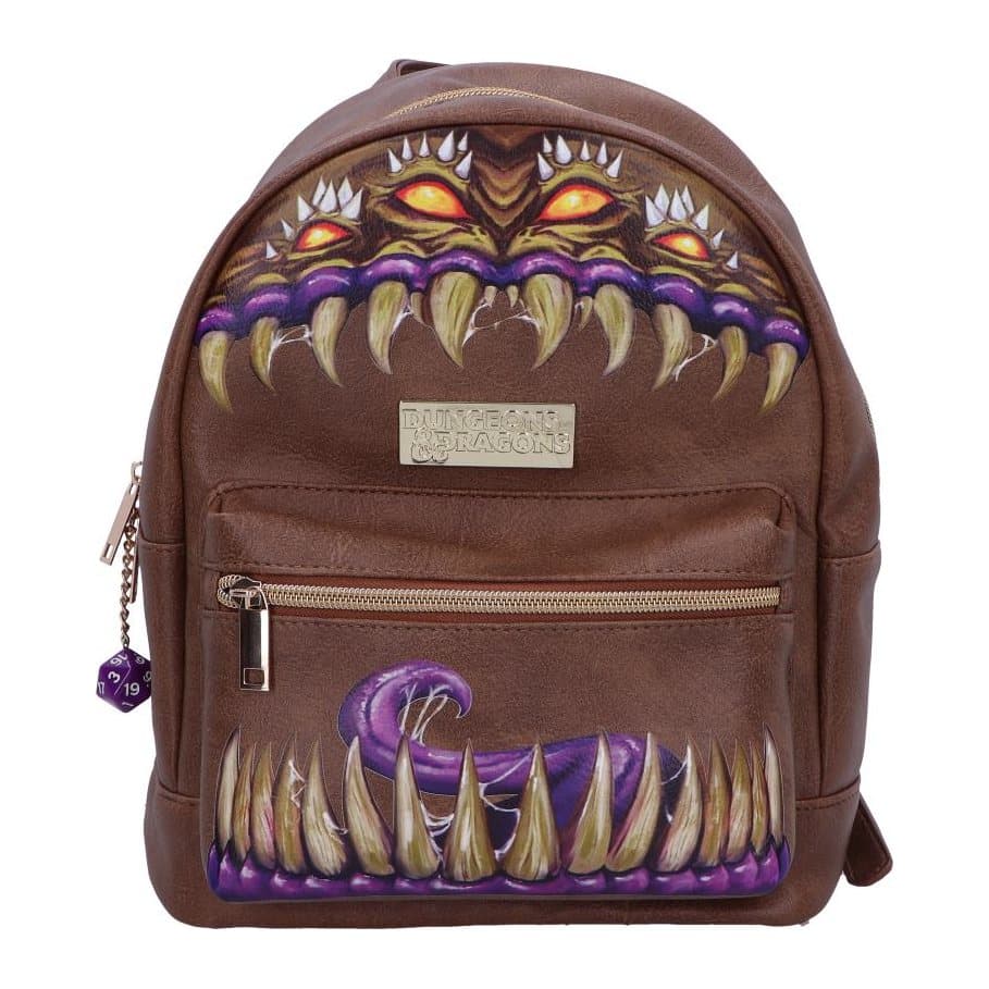 Brown Dungeons & Dragons backpack with embossed Mimic design
