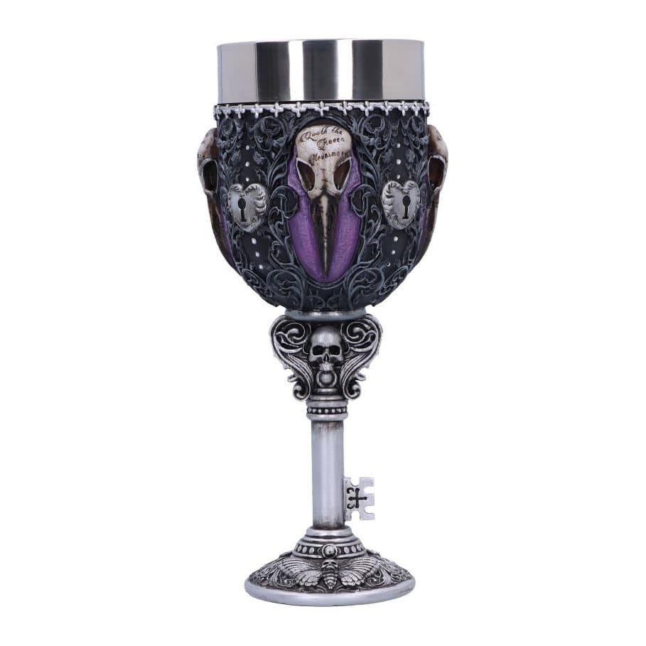 Gothic goblet with raven skulls on purple, a silver key stem and a skull base