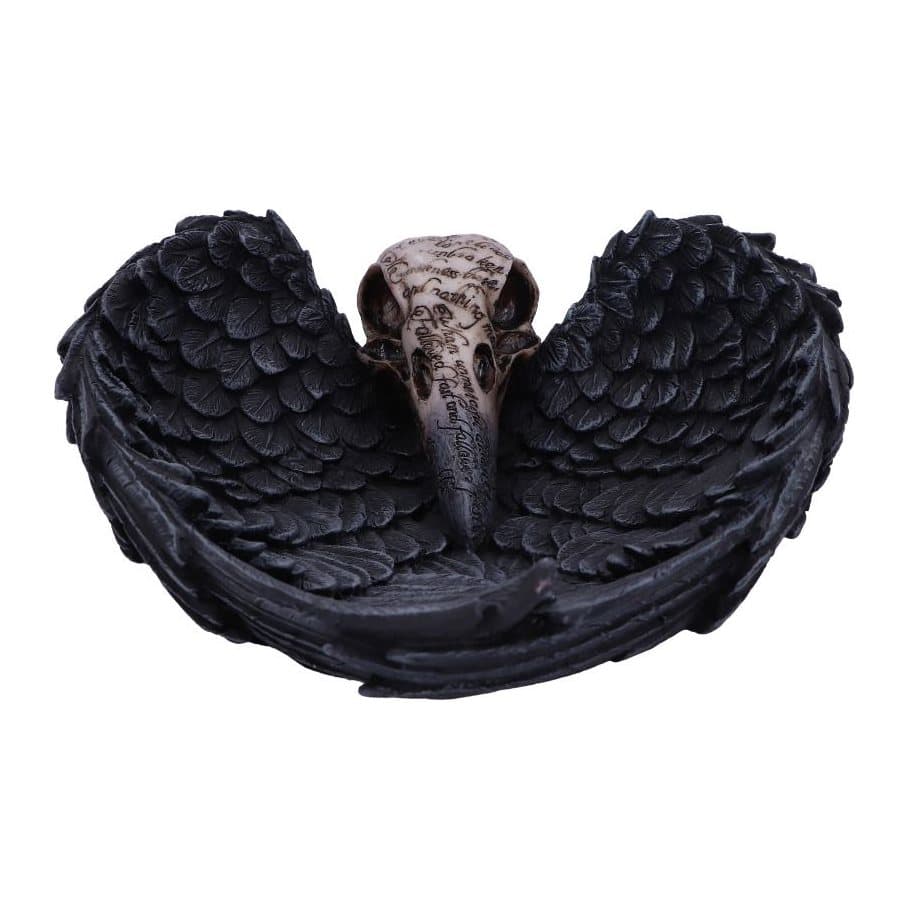 Raven skull trinket dish with wings curving around an engraved skull