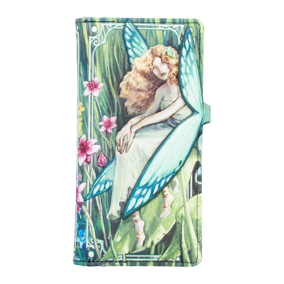 Embossed purse showing a fairy seated in a forest with smaller fairies and flowers