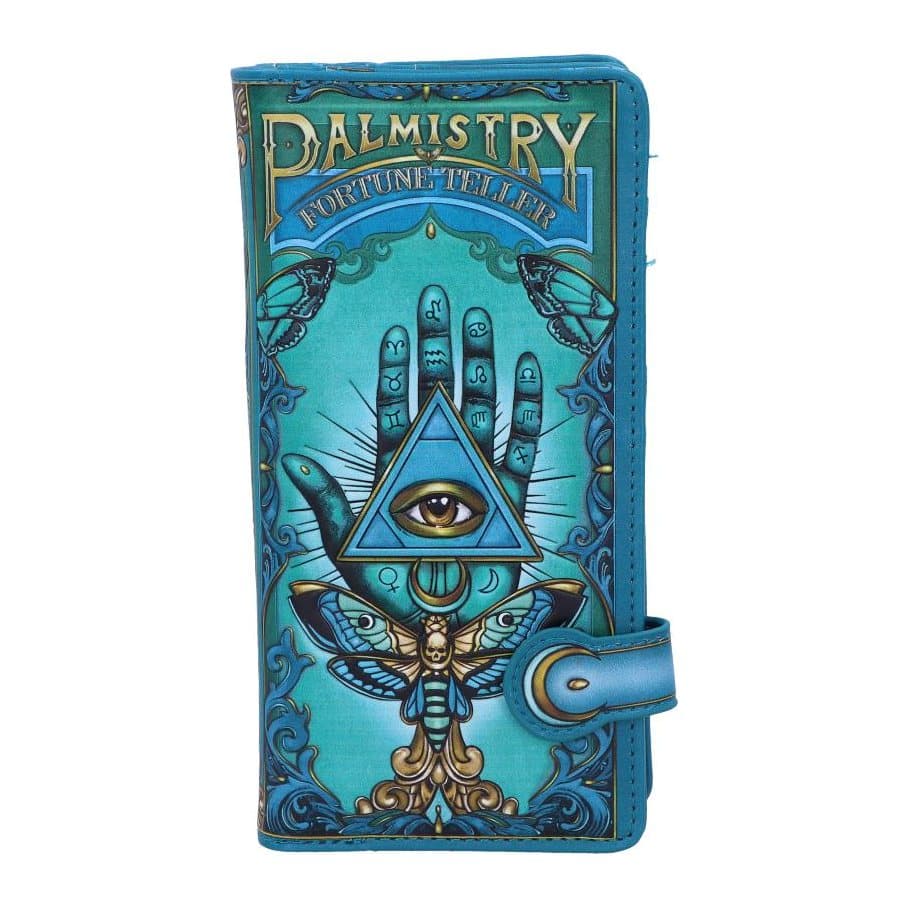 Embossed palmistry purse in aqua blue and gold with a palm design