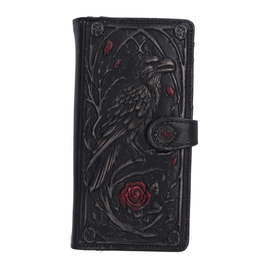 Black embossed purse with a raven surrounded by red roses