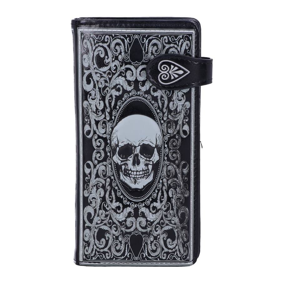 Black purse with an embossed white skull framed by baroque plumes and feathers