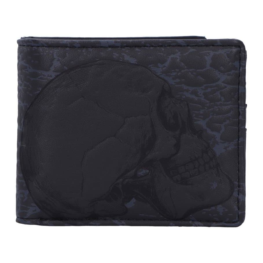 Black wallet with embossed grey cracks and a black skull outline