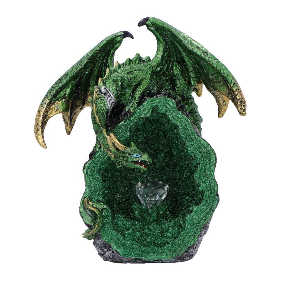 Green hand-painted dragon figurine with a lit crystal centrepiece