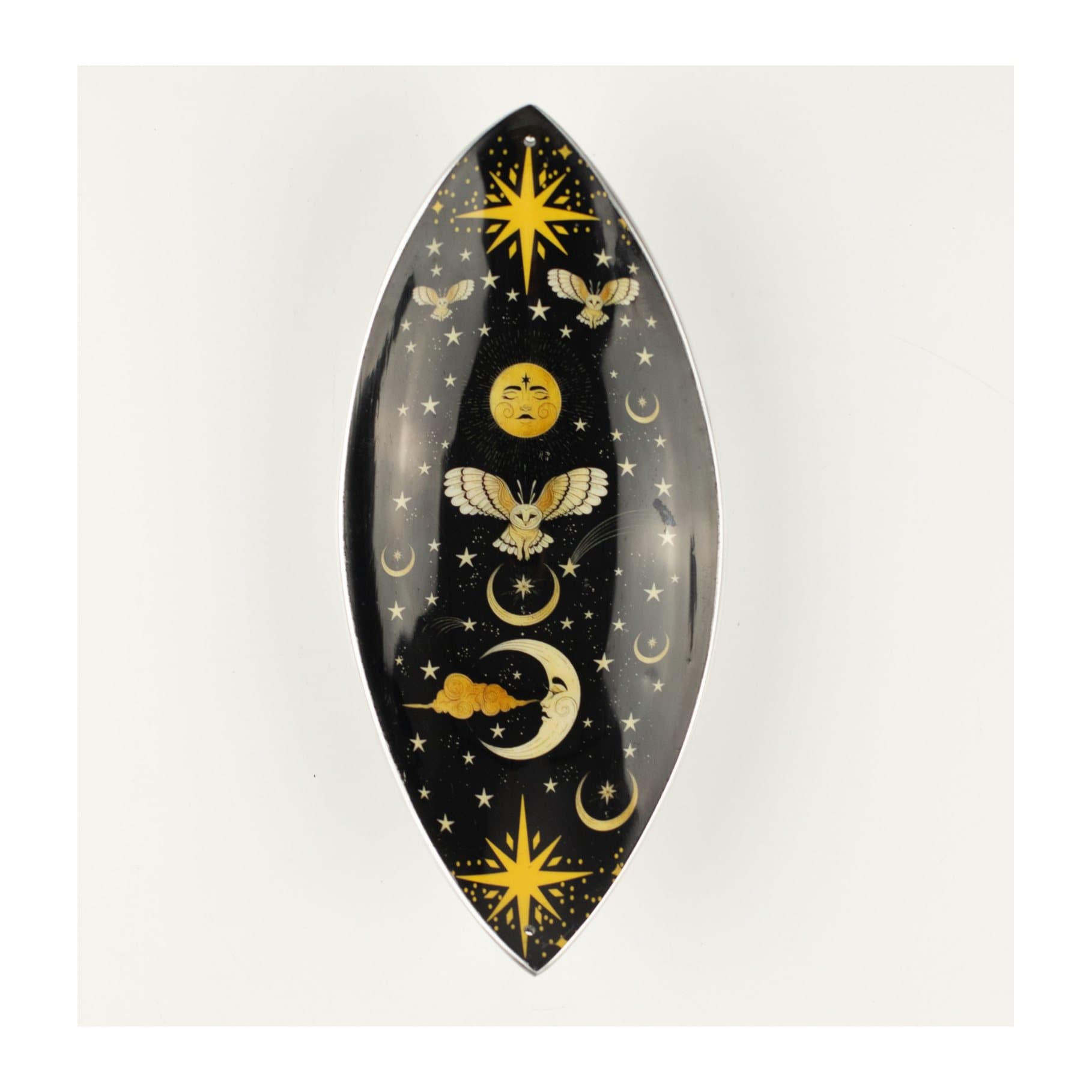 Enamel incense bowl with moons, stars and owls on a midnight background