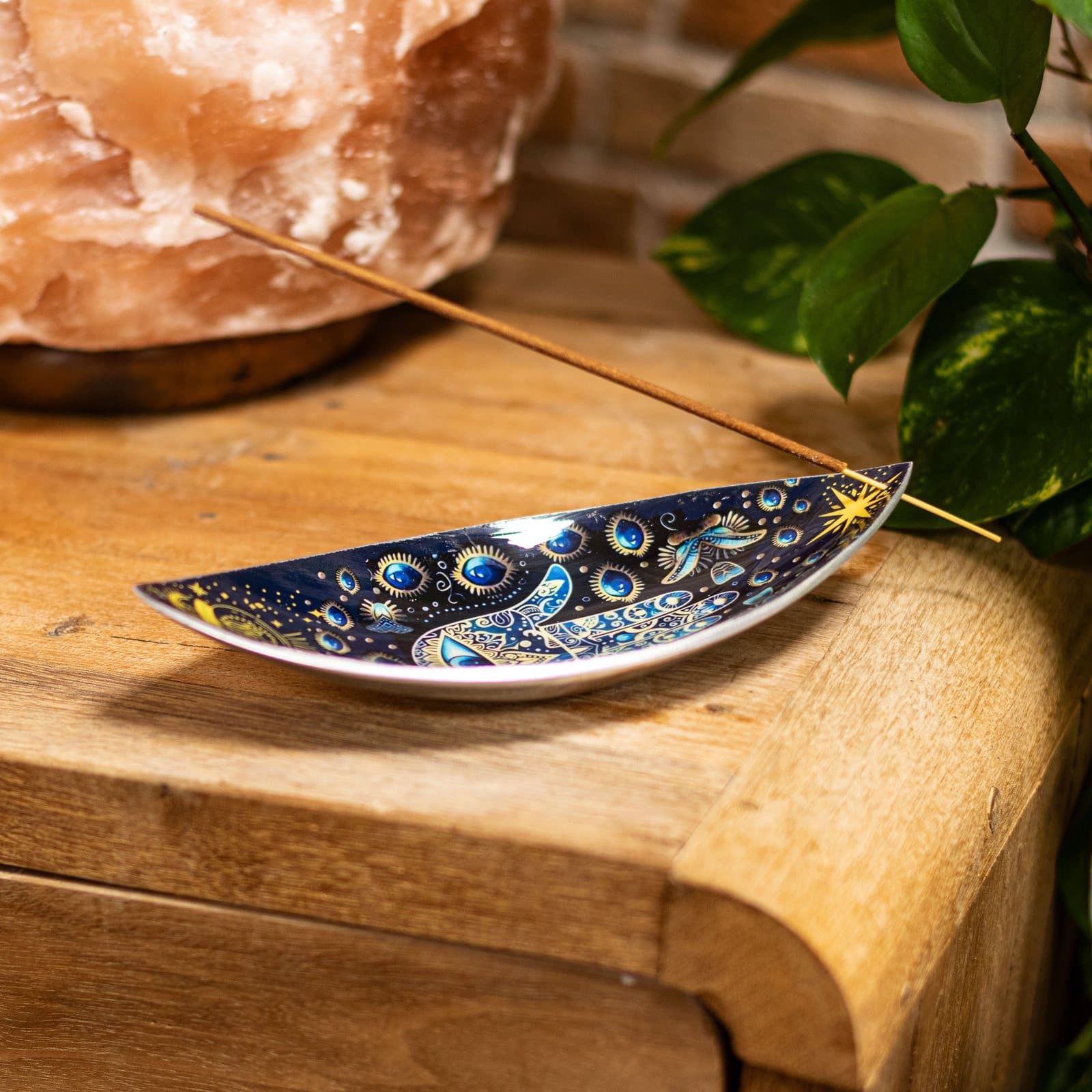 Blue enamel incense bowl with a hamsa hand and evil eye design