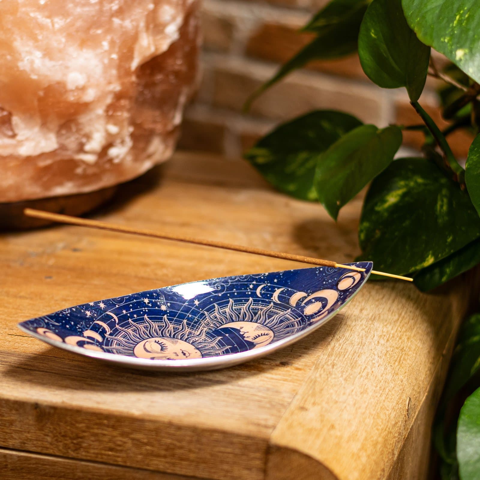 Pink sun and moon enamel incense bowl in aluminium