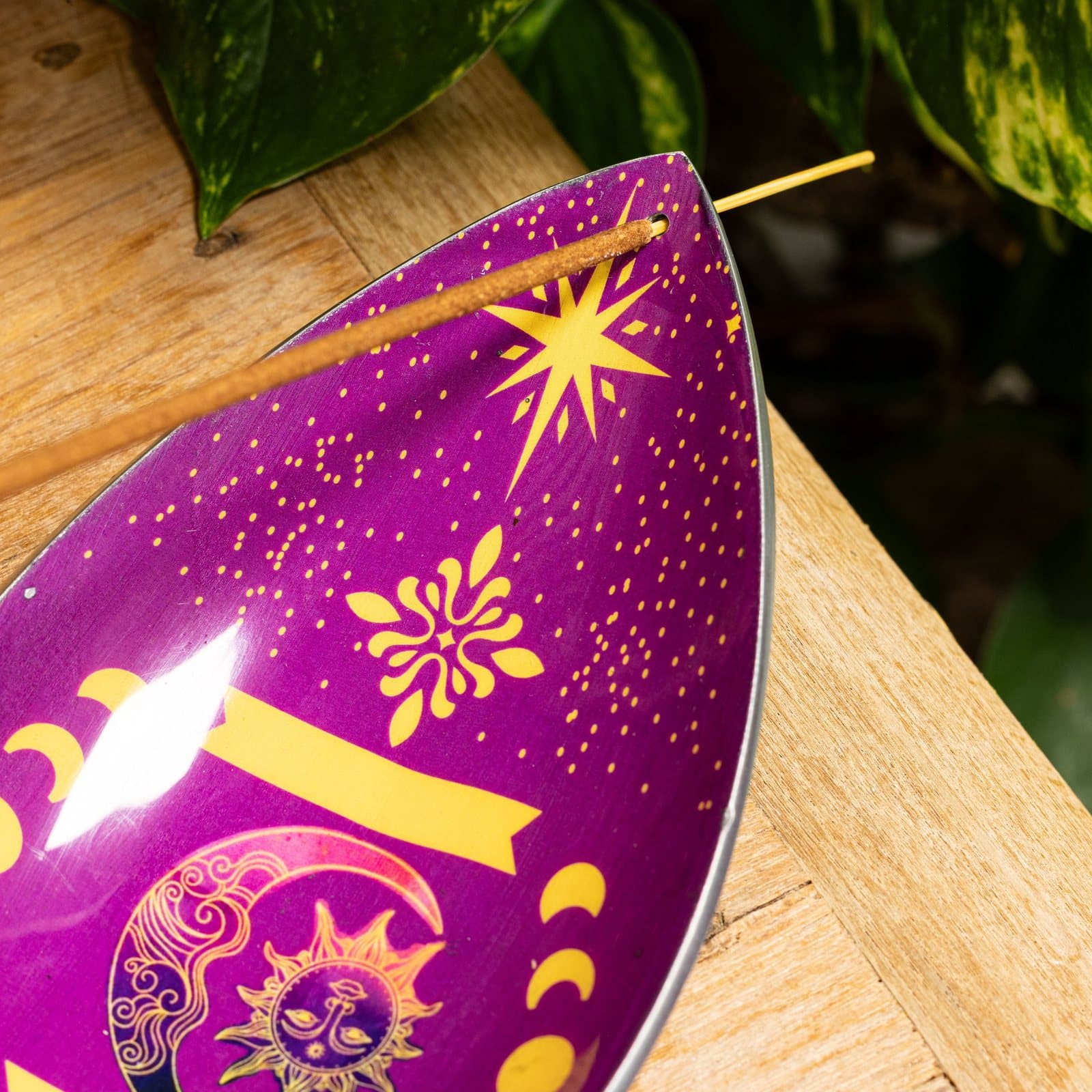 Purple enamel incense bowl with gold sun and moon phases design