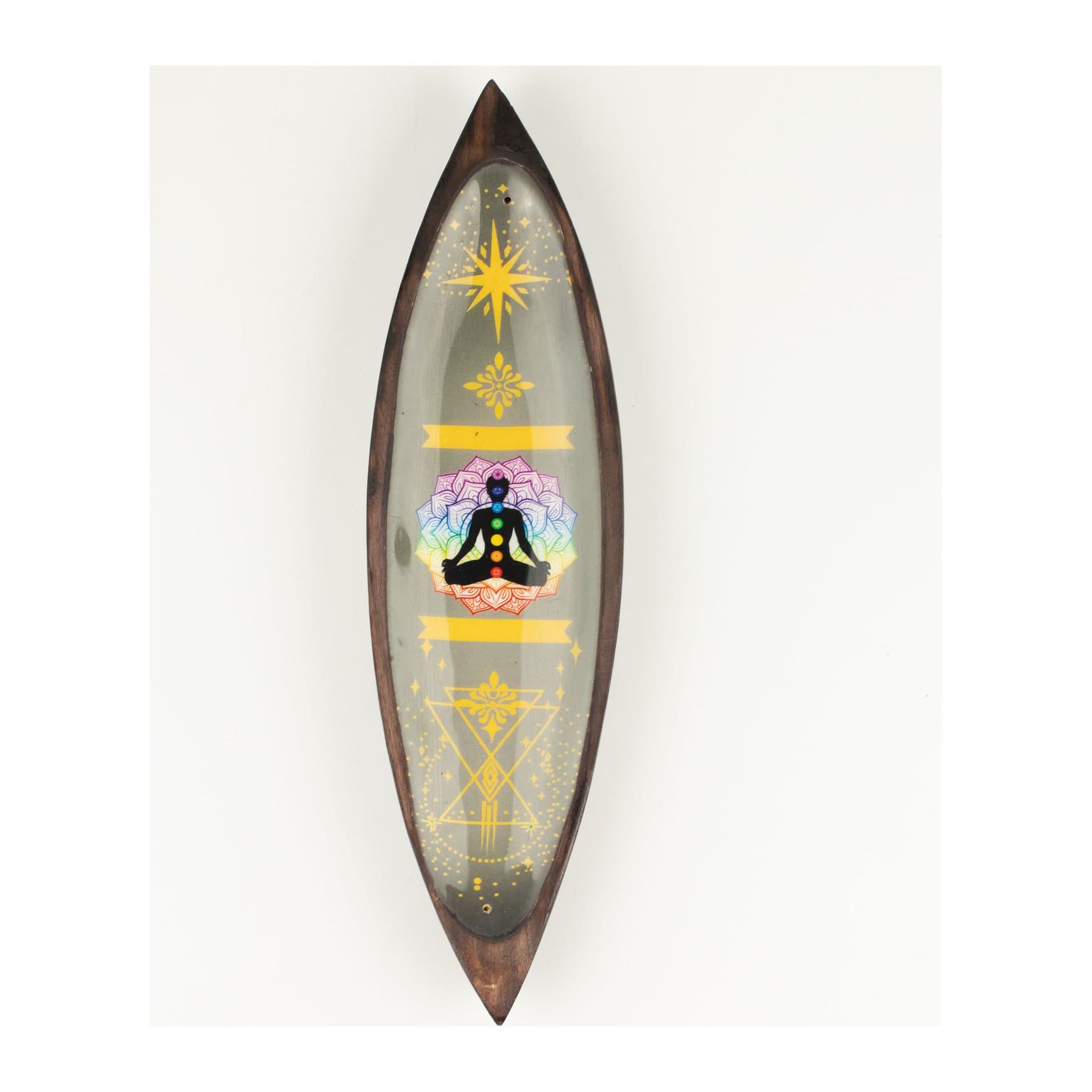 Long mango wood incense bowl with colourful chakra enamel artwork