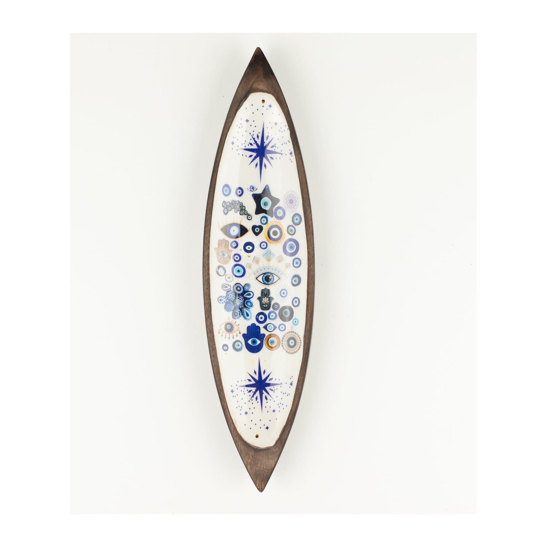 Long mango wood incense holder with glossy enamel and evil eye motifs