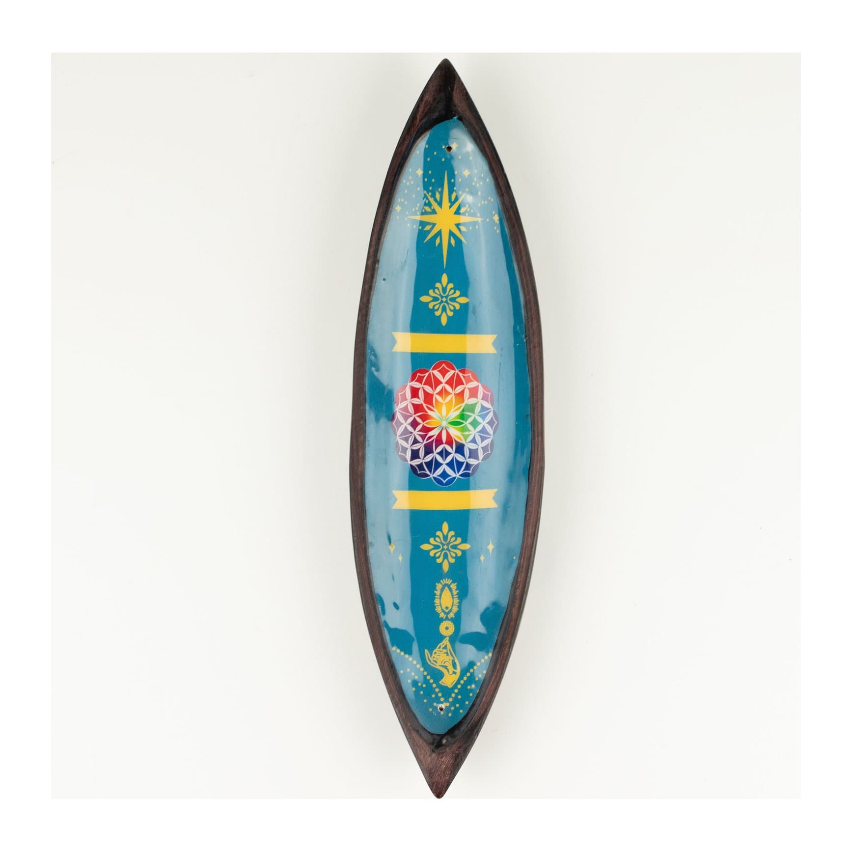 Long mango wood incense bowl with a colourful enamel mandala design