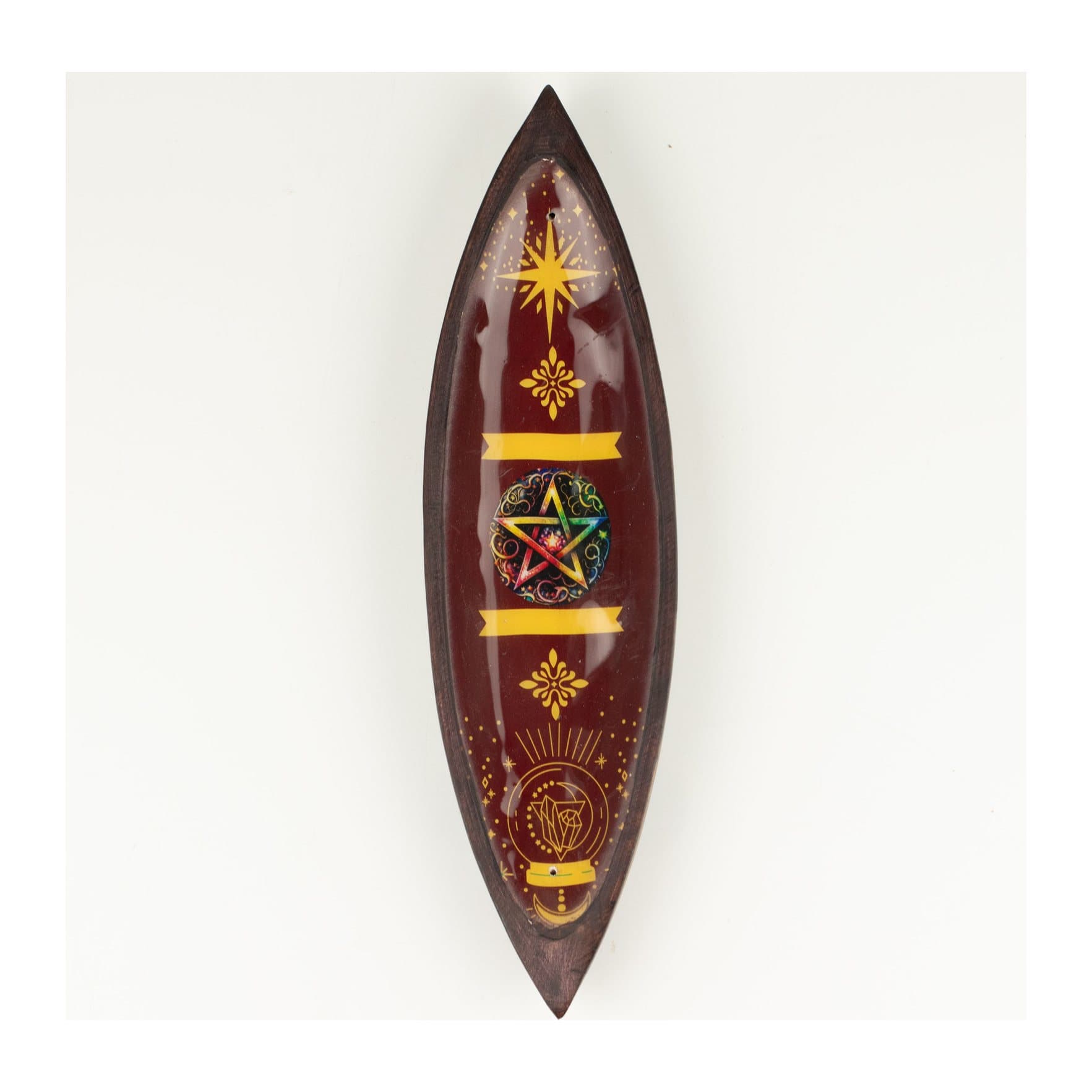 Long mango wood incense bowl with pentagram-inspired enamel design