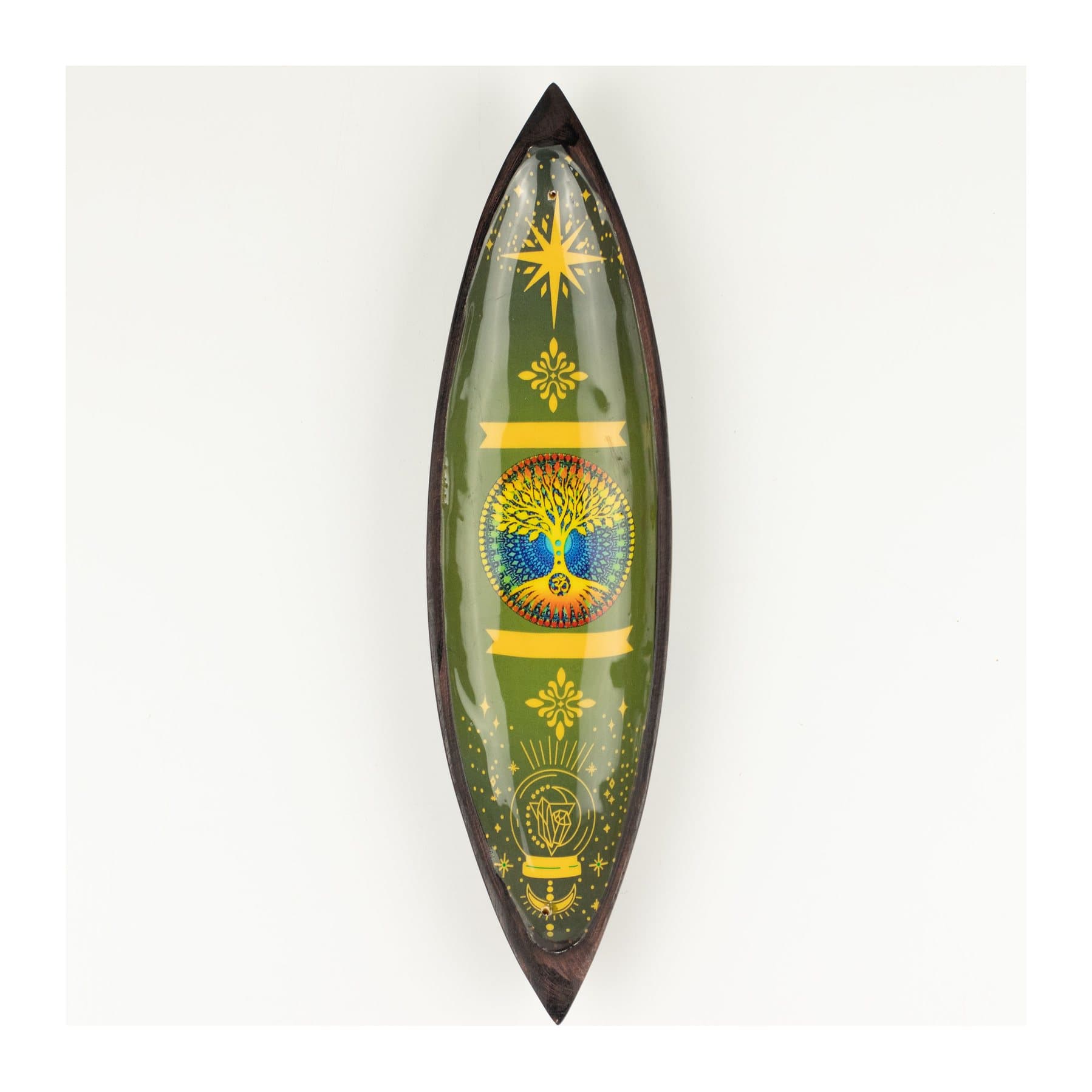 Long mango wood incense bowl with an enamel Tree of Life design