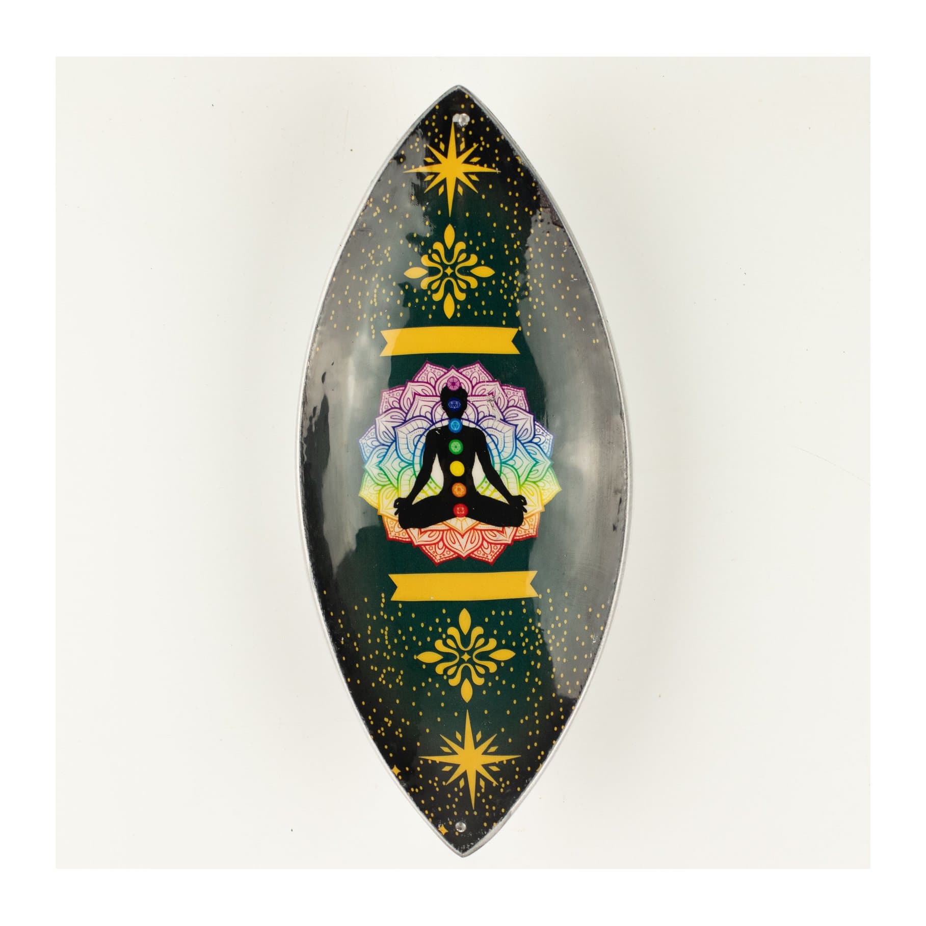 Enamelled incense bowl with a meditating Buddha, chakra colours and lotus mandala