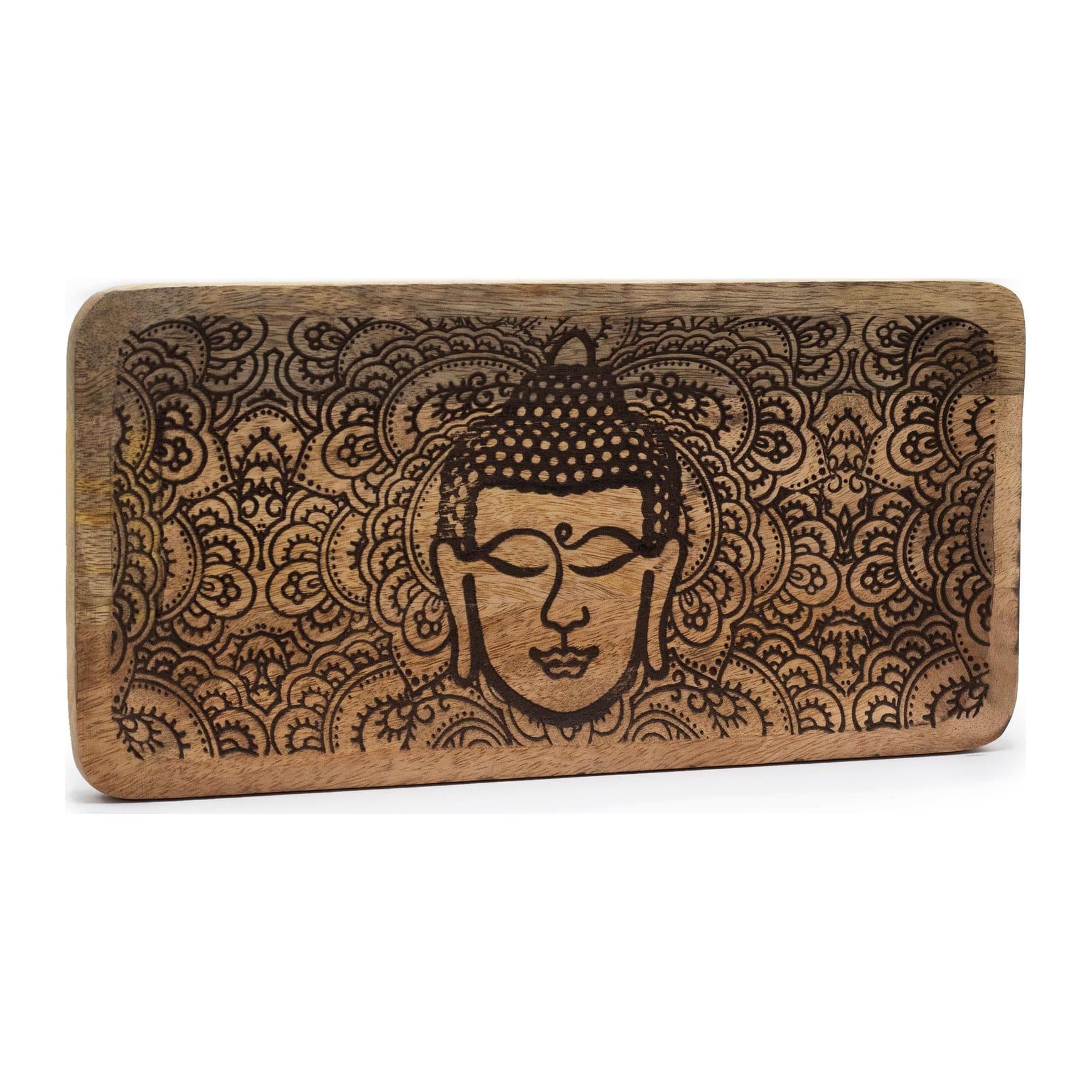 Long mango wood tray engraved in black with the face of the Buddha