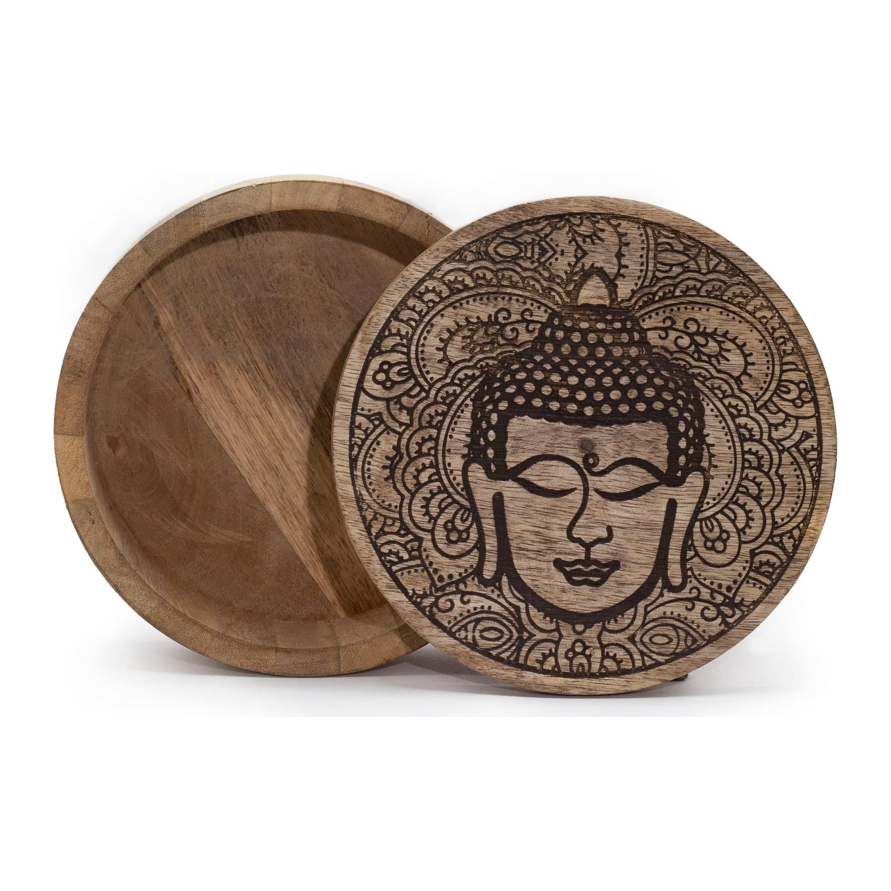 Round mango wood box with a black engraved Buddha face
