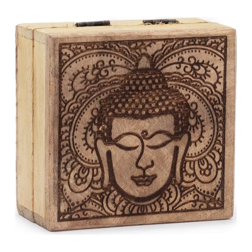 Small square mango wood box engraved in black with the face of the Buddha