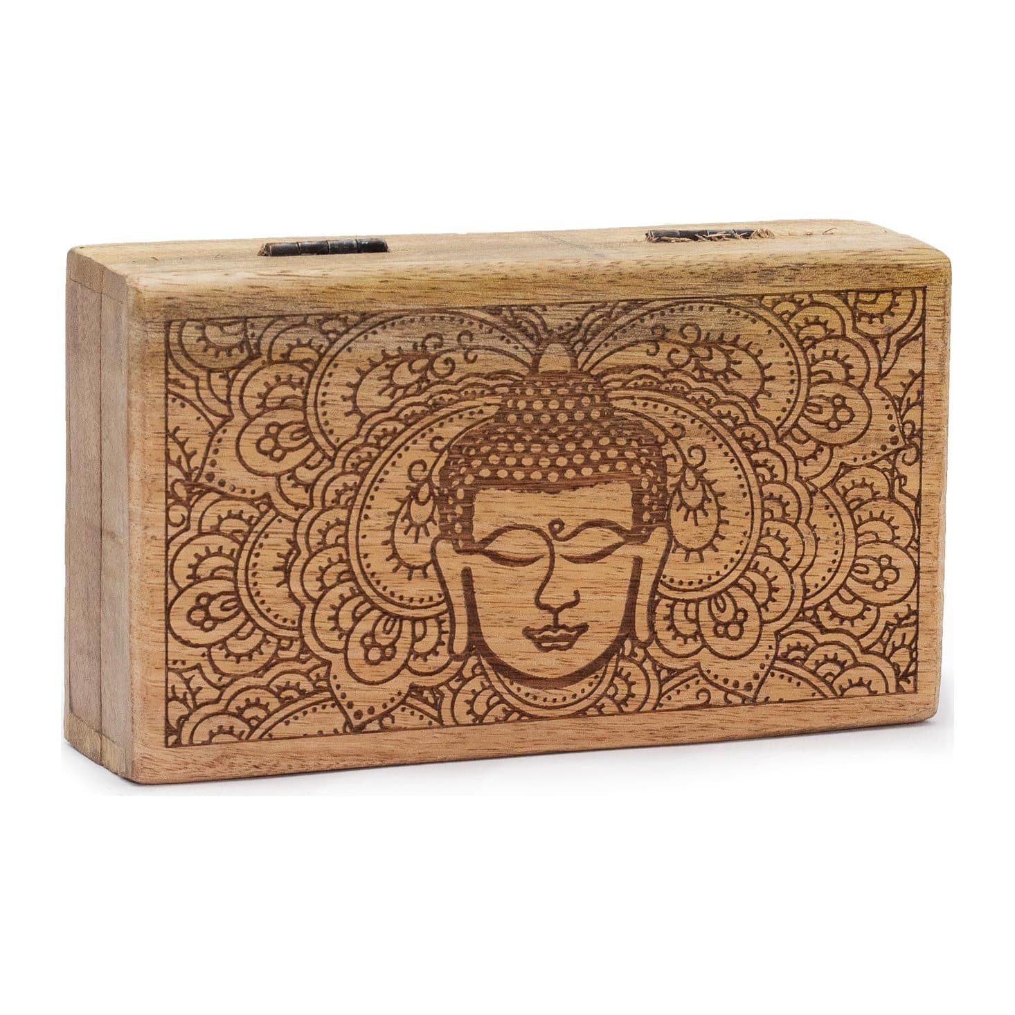 Mango wood box with a black engraved Buddha face design
