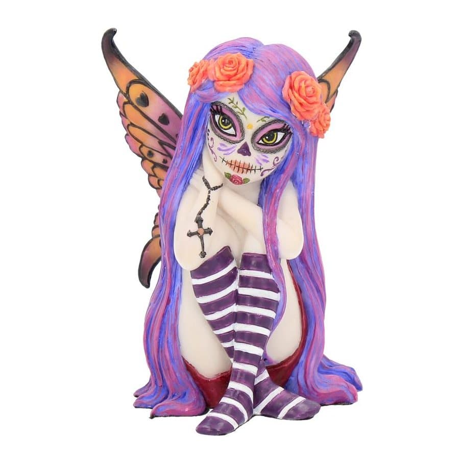 Esmerelda sugar skull fairy figurine seated with purple hair and orange roses