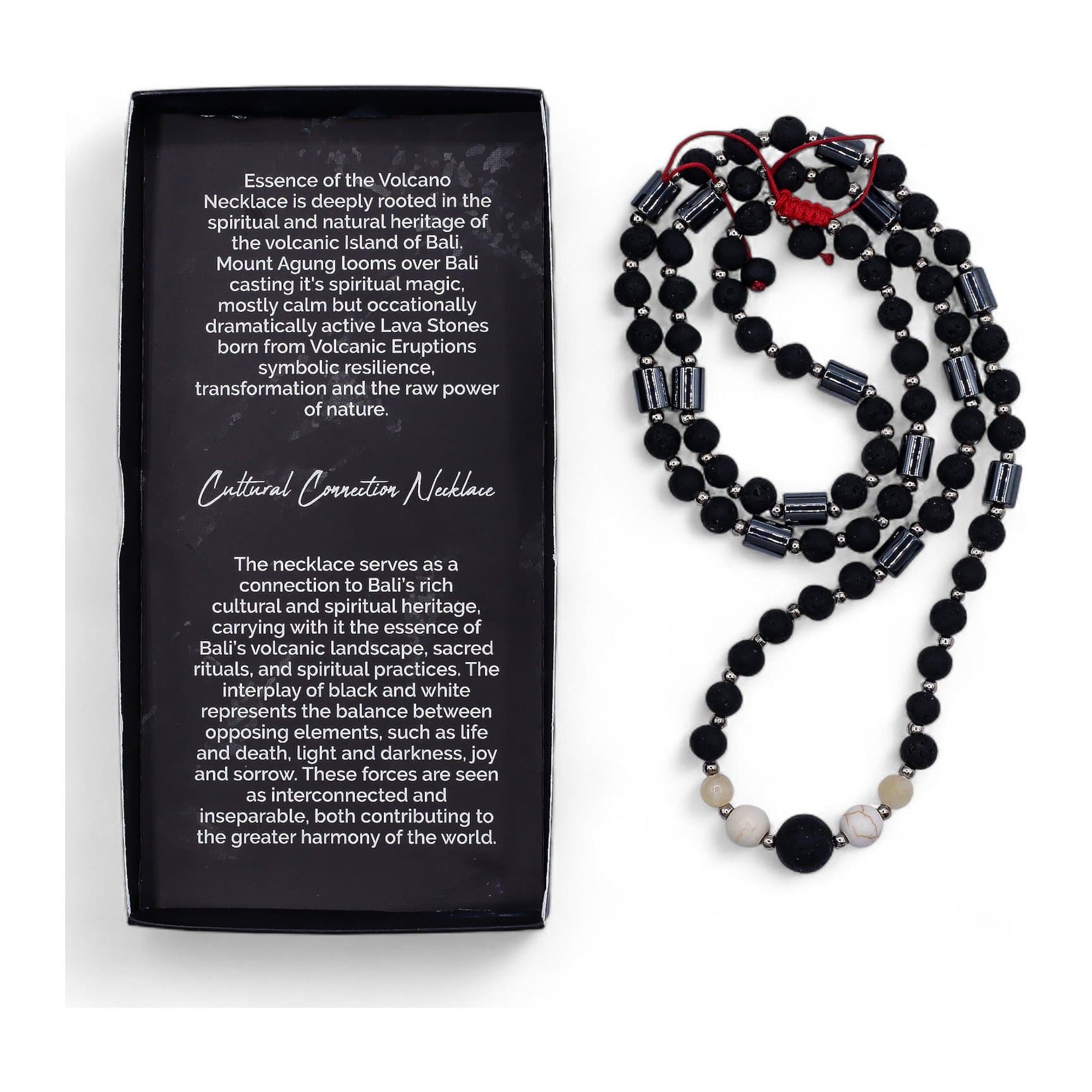 Necklace of black lava and white howlite stones with a gift box