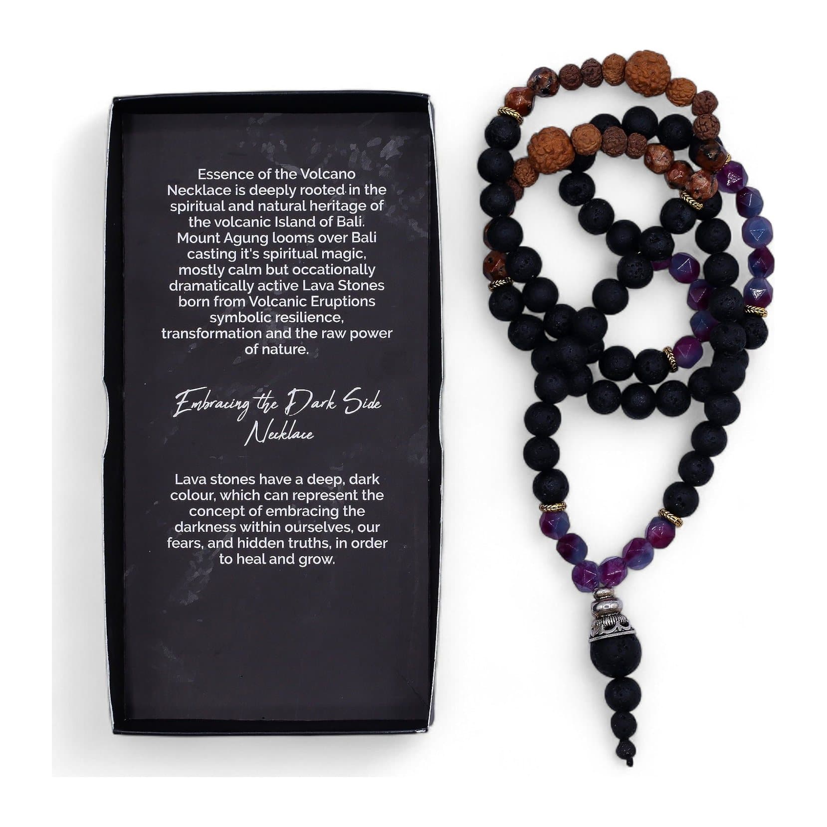 Lava stone necklace with dark volcanic beads and gemstone accents