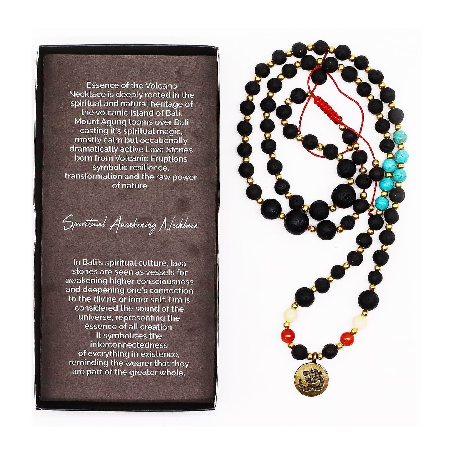 Lava stone and gemstone bead necklace with a central Om pendant