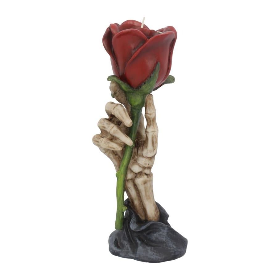 Skeleton hand holding a red rose that works as a tealight holder
