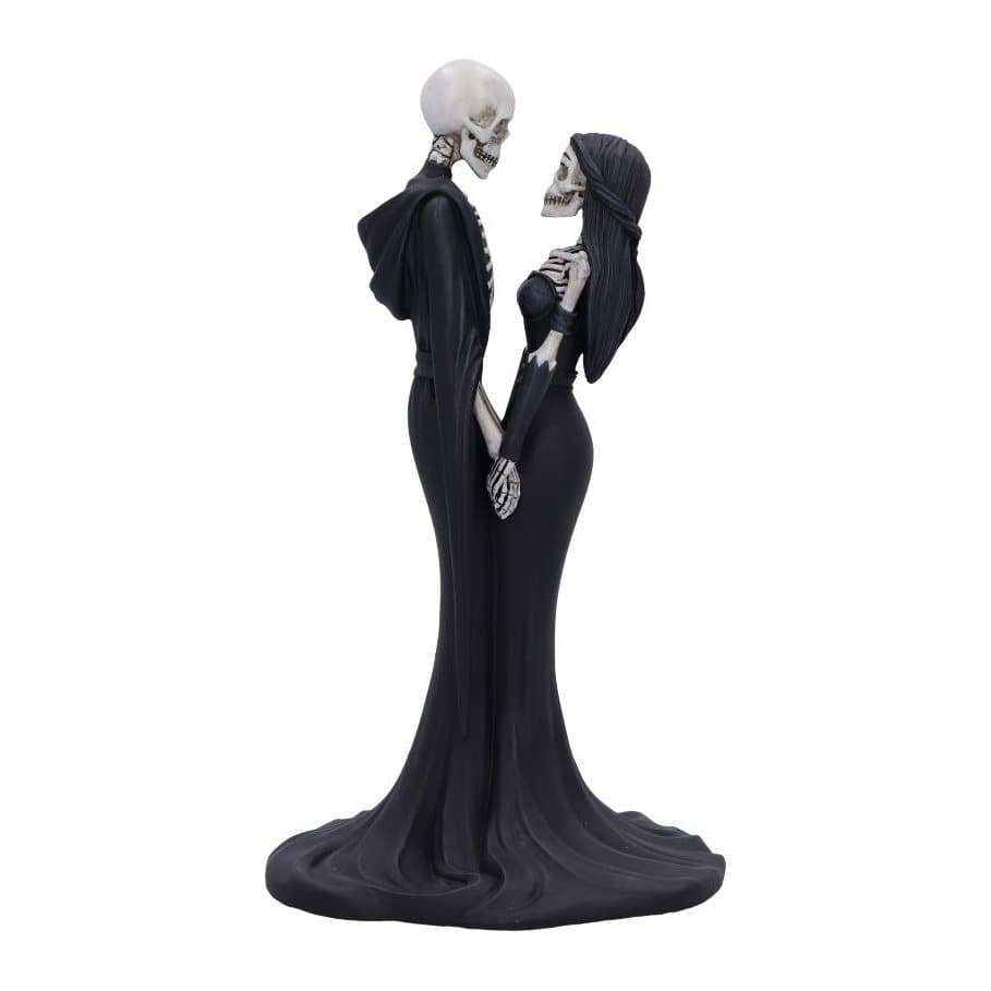 Gothic skeleton pair figurine hand in hand in a black dress and robe