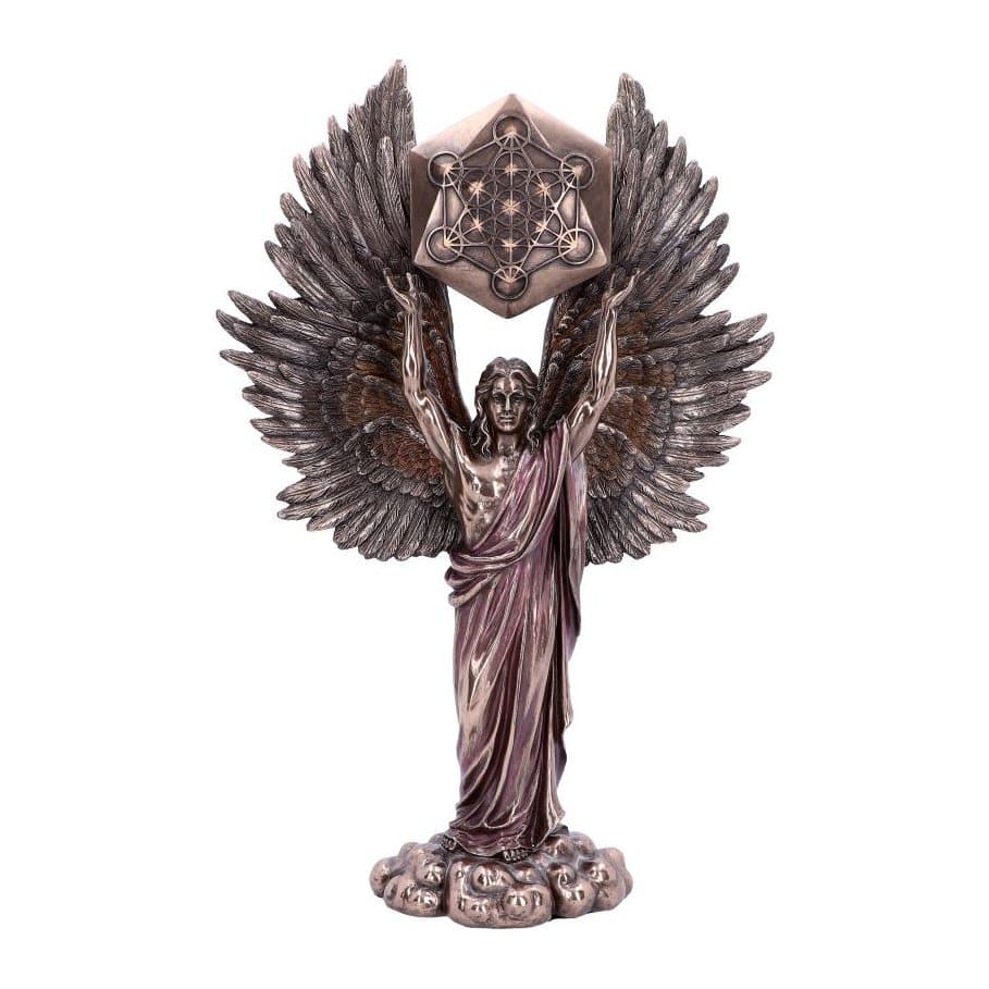 Bronze finish figurine of the angel Metatron holding a Metatron Cube