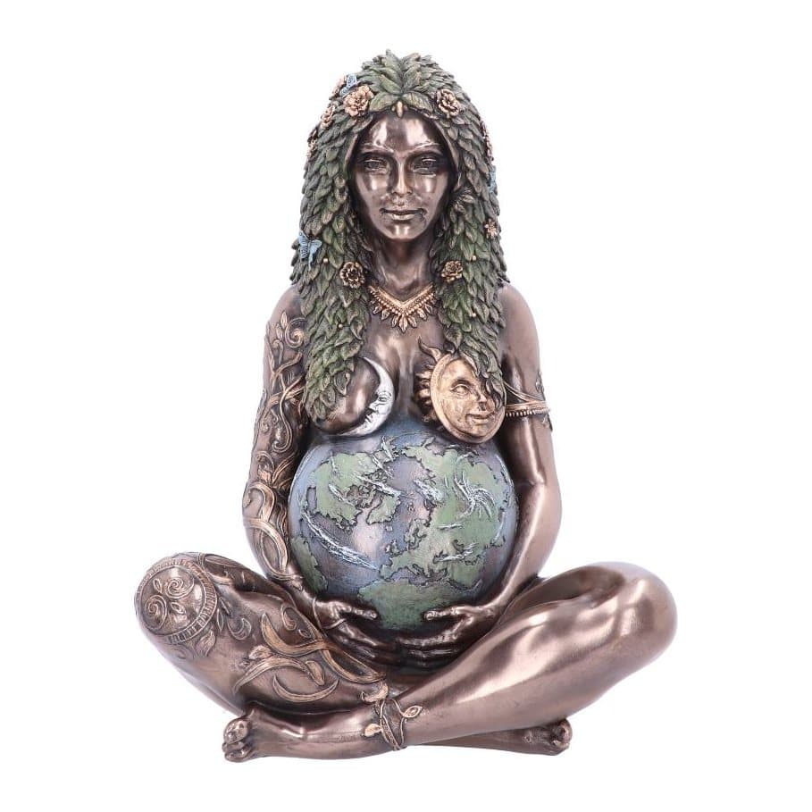 Bronze Mother Earth Gaia statue with green leafy hair, holding the world