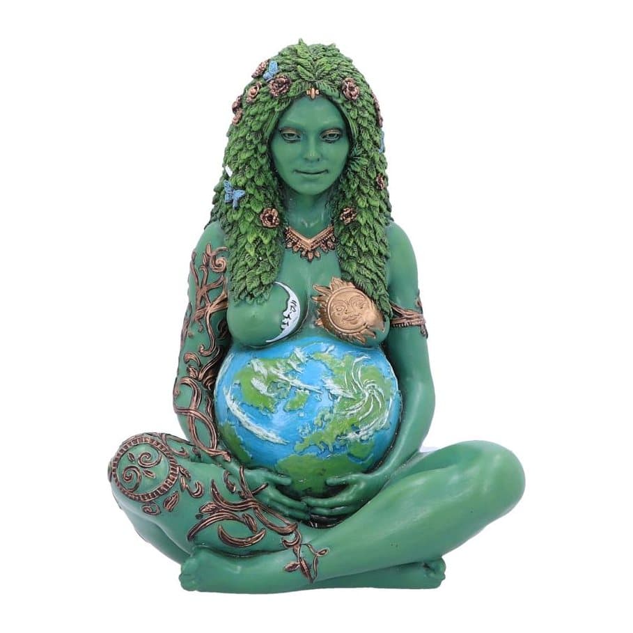 Hand-painted statue of Mother Earth with green foliage hair and bronzed arms