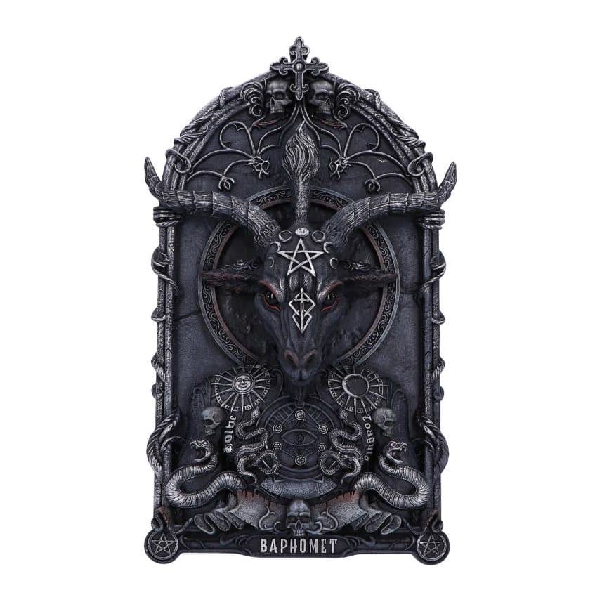 Hand-painted resin Baphomet wall plaque with torch and pentagram