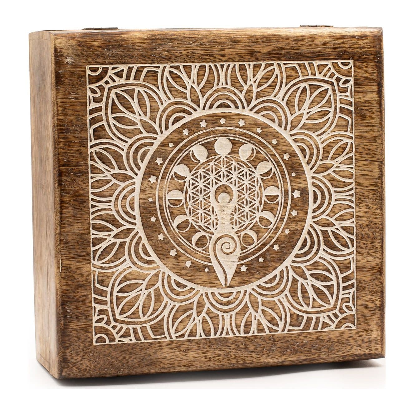 Mango wood box with a Moon Goddess and moon phase engraving on the lid