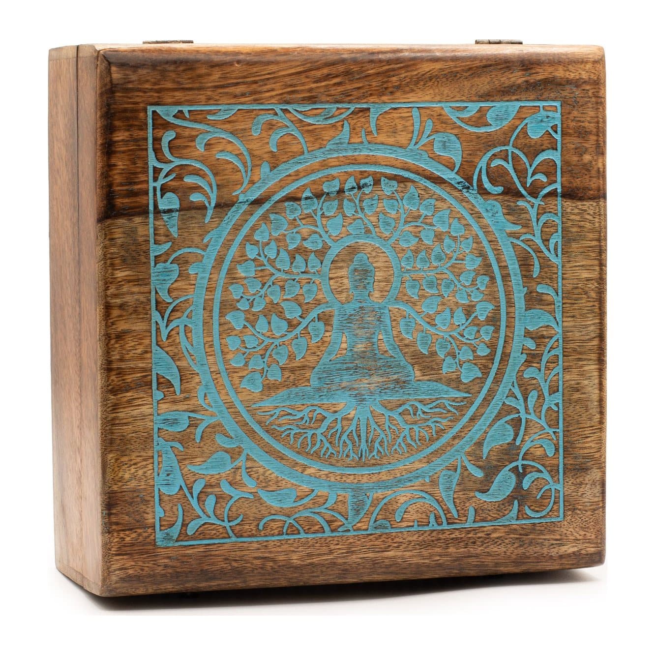 Square mango wood box with the Buddha and Bodhi tree carved on the lid