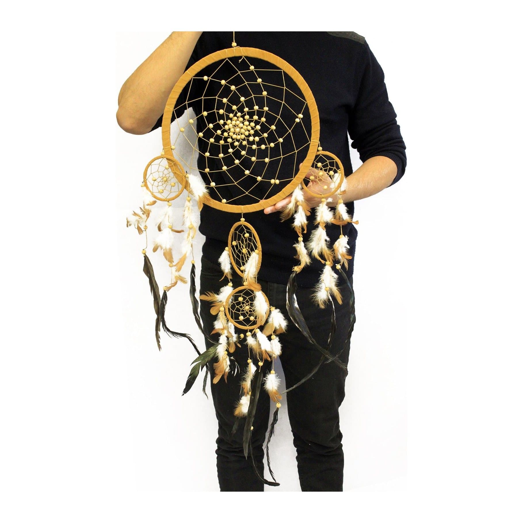 Large round dreamcatcher with cream, coffee and chocolate cord, beads and feathers