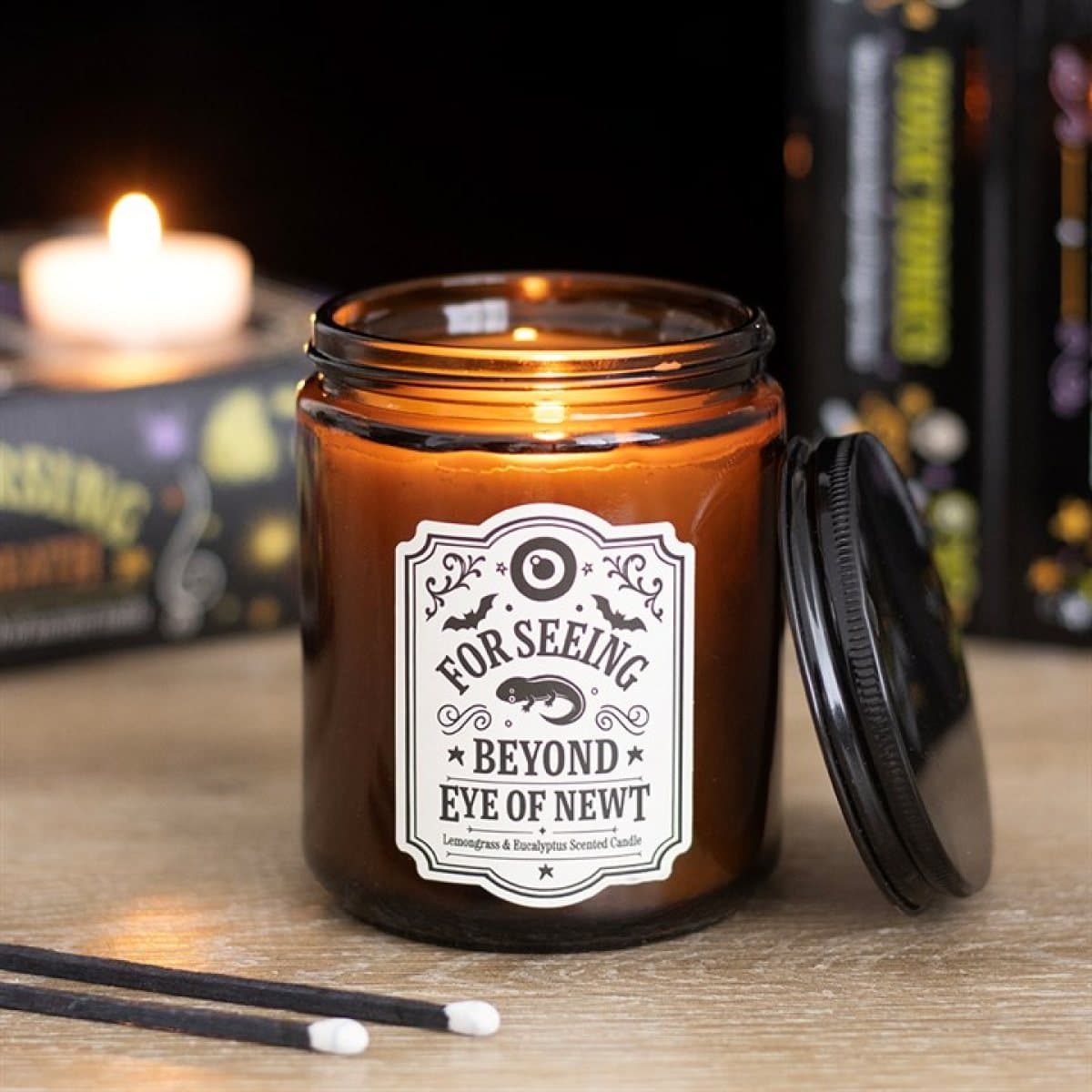 Eye of Newt fragranced candle in an apothecary-style glass jar