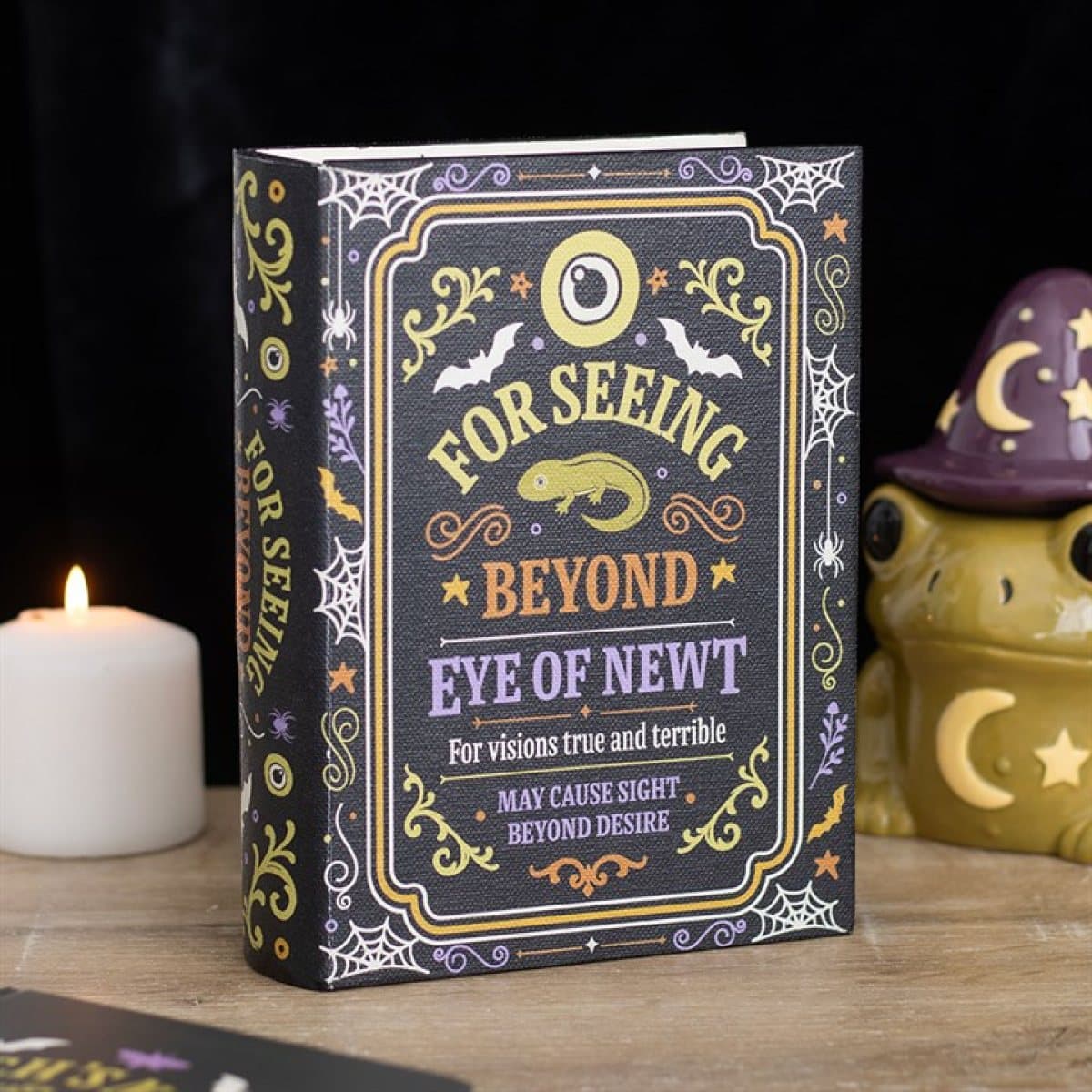 Spell book shaped storage box with For Seeing Beyond, Eye of Newt artwork