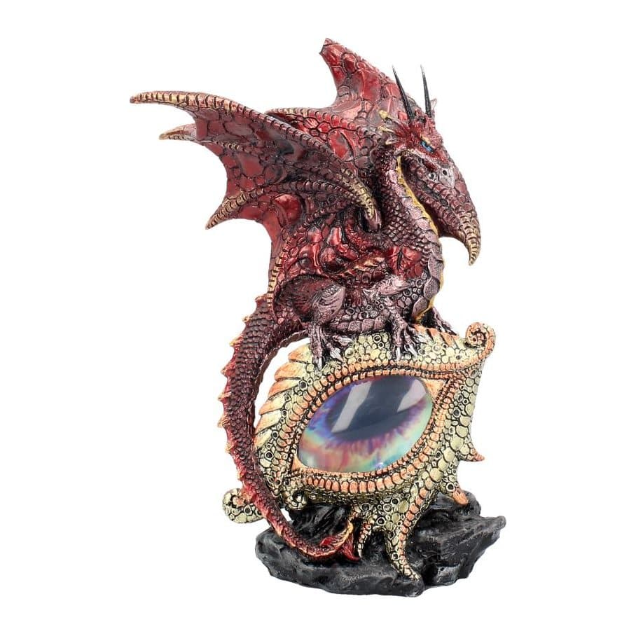 Light up figurine of a red dragon on a large dragon eye resting on black rock