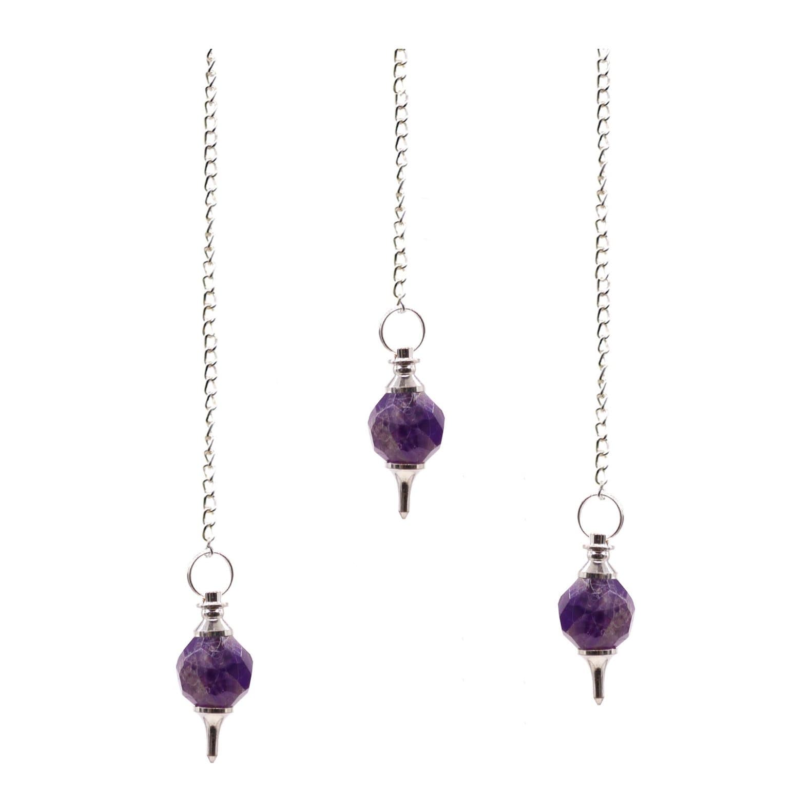 Faceted purple amethyst pendulum with silver-tone fittings and a fine chain