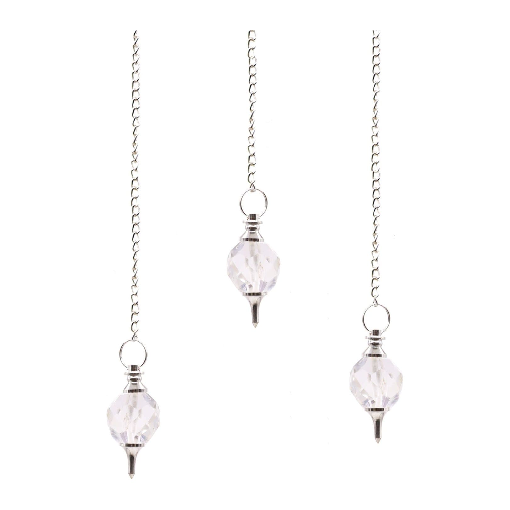 Faceted clear rock quartz pendulum on a fine silver-tone chain