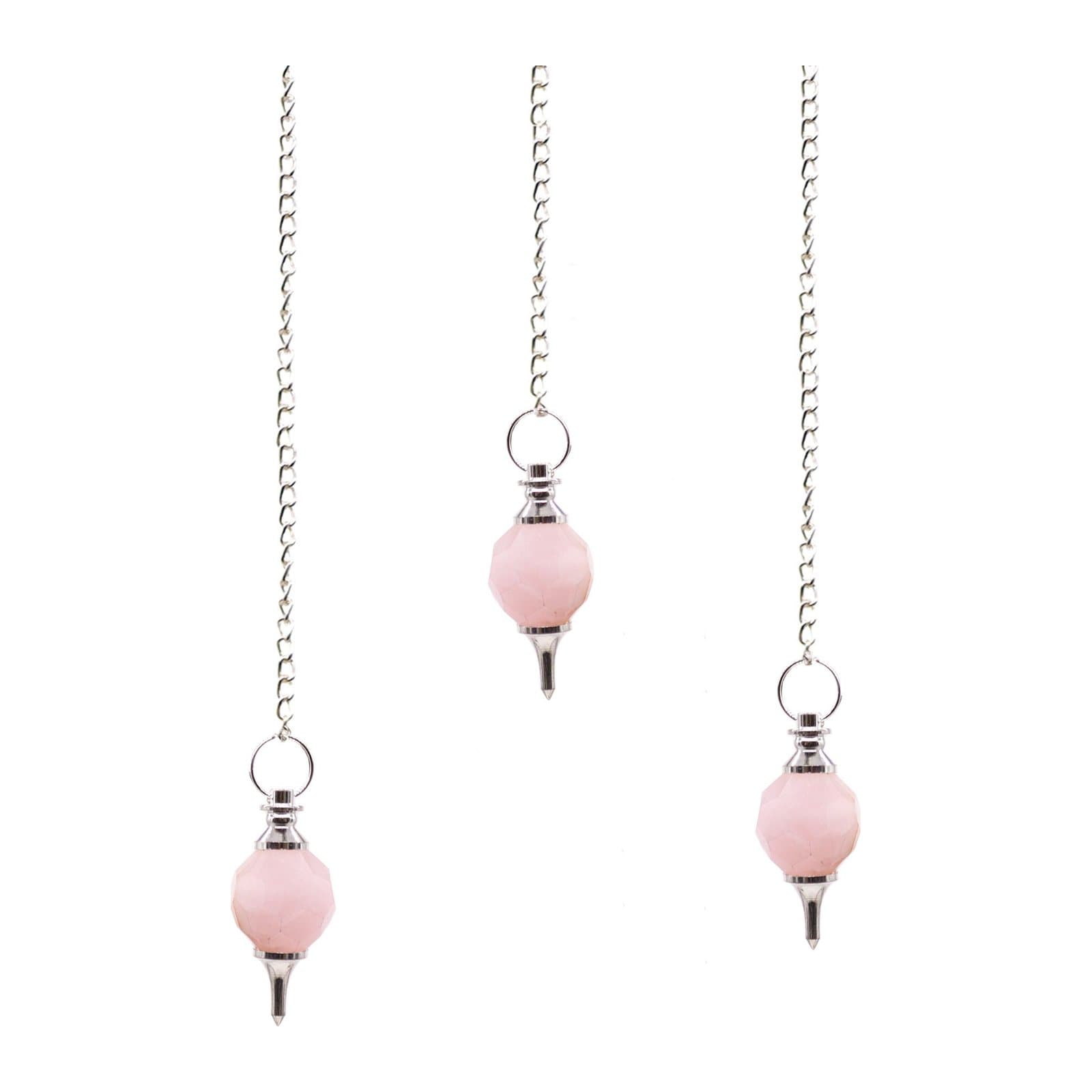 Faceted pink rose quartz pendulum on a fine silver-tone chain